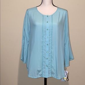 Flowy Boho Bell Sleeve Aqua Blue Rayon Blouse Lightweight NWT Size Medium